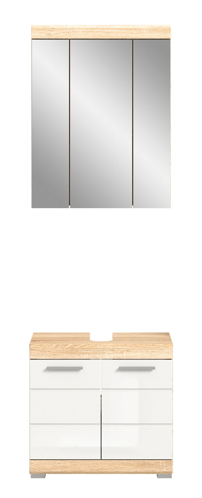 Frontale Ansicht einer modernen Badkombination mit einem dreiteiligen Spiegelschrank und einem Unterschrank in Holzoptik und weißen Fronten.