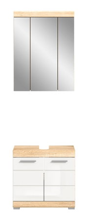 Frontale Ansicht einer modernen Badkombination mit einem dreiteiligen Spiegelschrank und einem Unterschrank in Holzoptik und weißen Fronten.