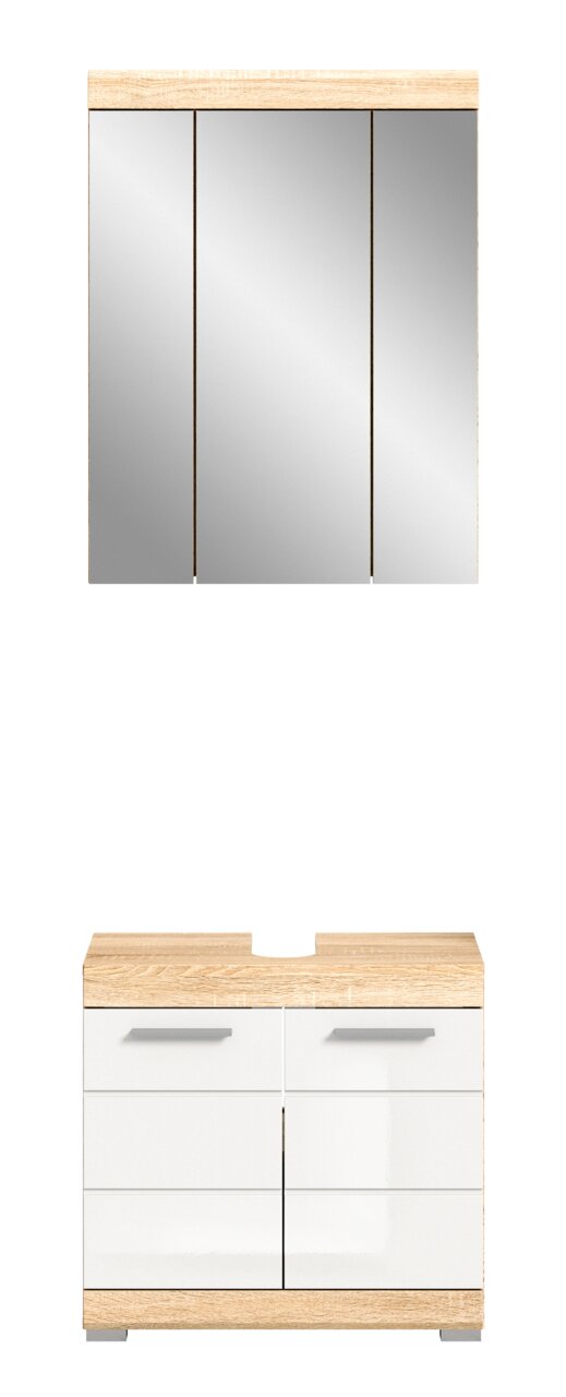 Frontale Ansicht einer modernen Badkombination mit einem dreiteiligen Spiegelschrank und einem Unterschrank in Holzoptik und weißen Fronten.