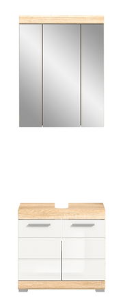 Frontale Ansicht einer modernen Badkombination mit einem dreiteiligen Spiegelschrank und einem Unterschrank in Holzoptik und weißen Fronten.