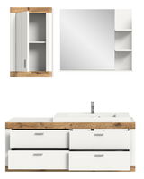 Moderne Badkombination in Weiß mit Holzdetails, bestehend aus einem Waschbeckenunterschrank mit Schubladen und einem Spiegelschrank mit offenen Regalen, frontal betrachtet.