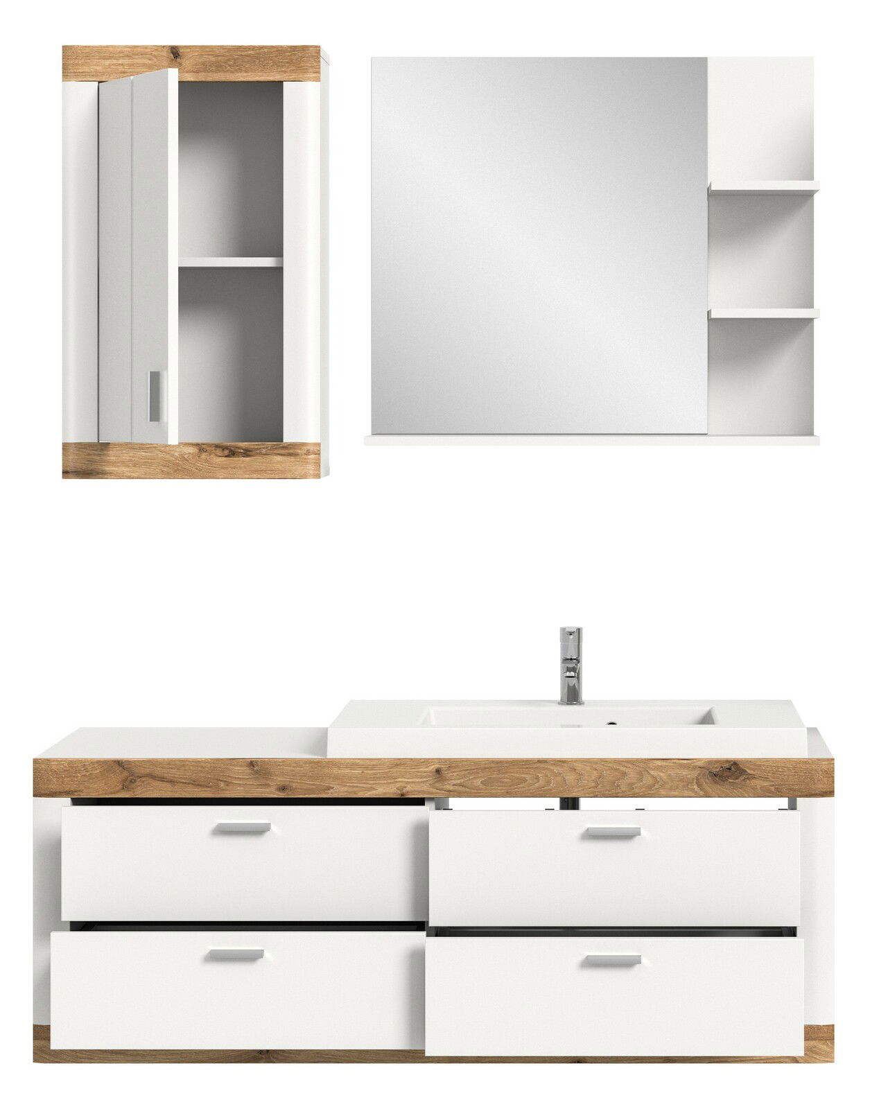 Moderne Badkombination in Weiß mit Holzdetails, bestehend aus einem Waschbeckenunterschrank mit Schubladen und einem Spiegelschrank mit offenen Regalen, frontal betrachtet.