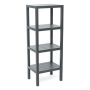 Graues, rechteckiges Regal mit vier Ebenen, aus seitlicher Perspektive fotografiert.