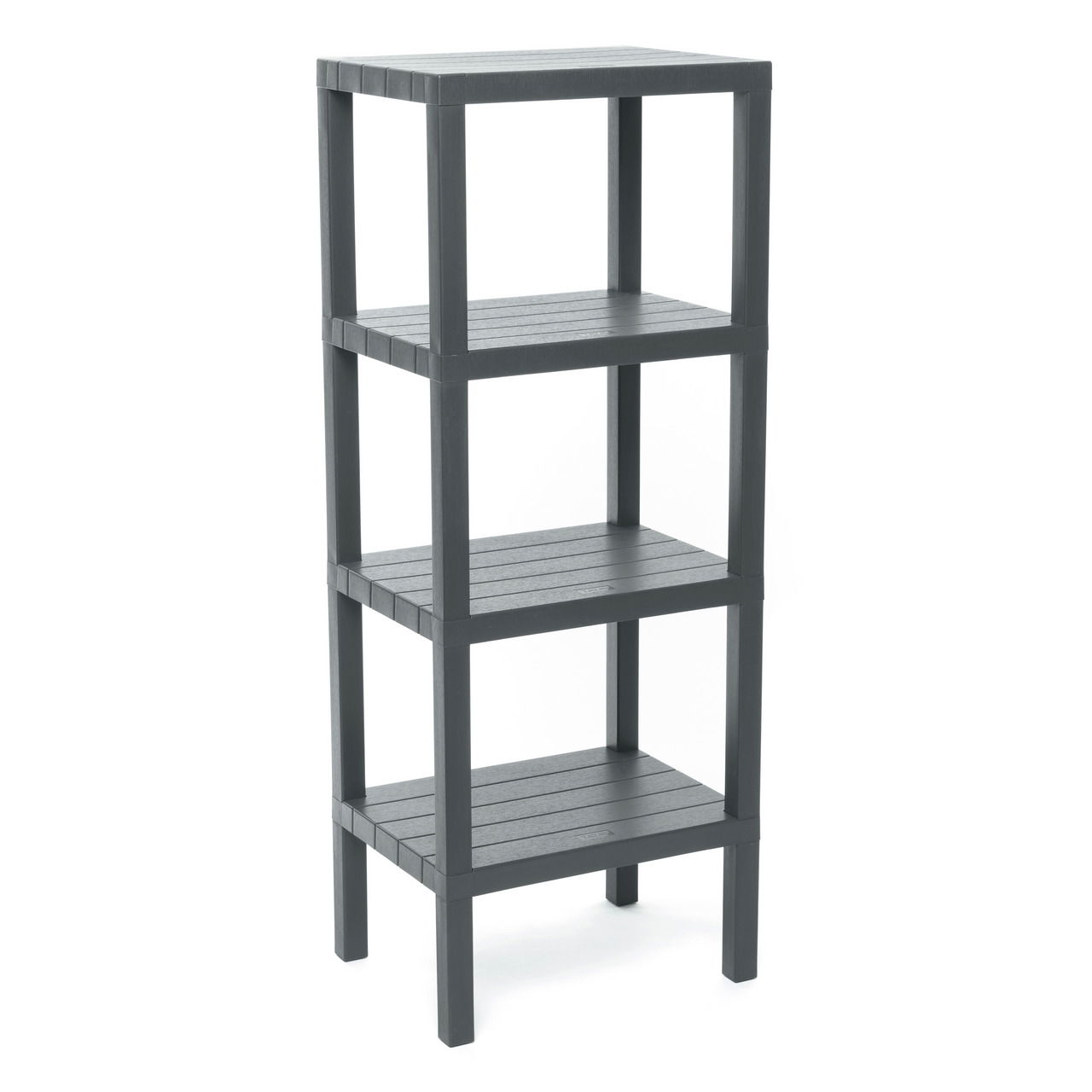 Graues, rechteckiges Regal mit vier Ebenen, aus seitlicher Perspektive fotografiert.