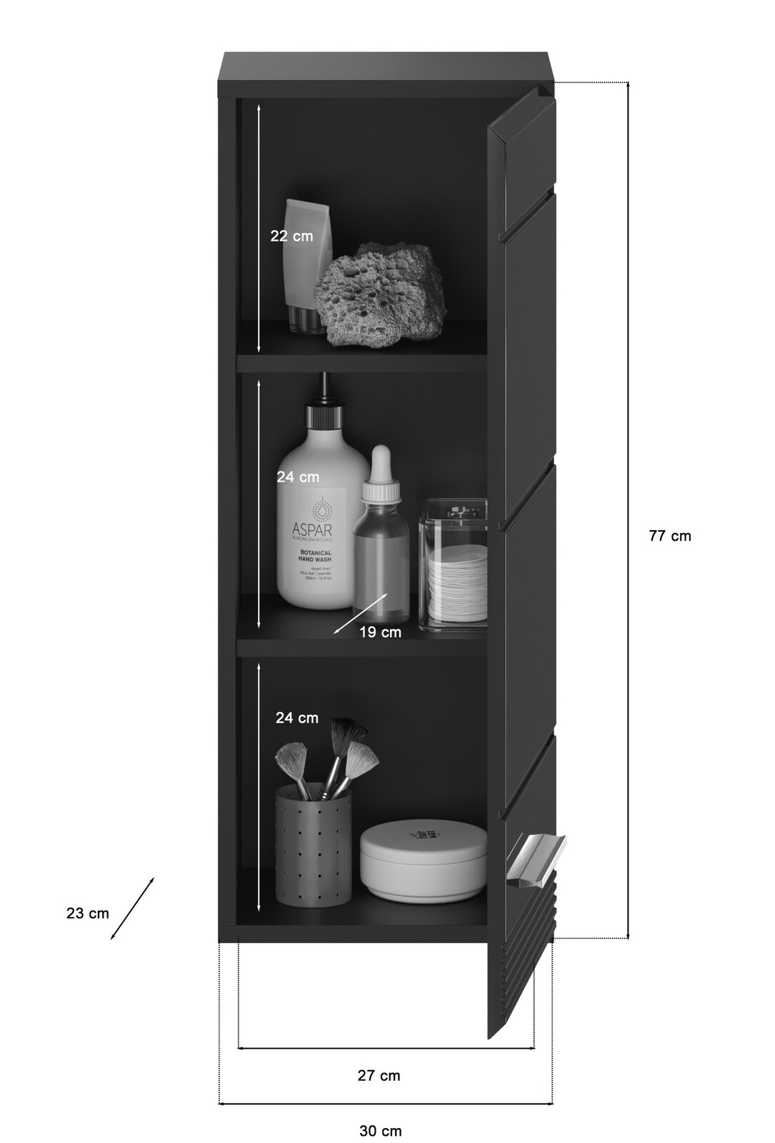 Schwarzer Hängeschrank mit drei offenen Regalfächern, gefüllt mit Pflegeprodukten und Accessoires, seitliche Perspektive