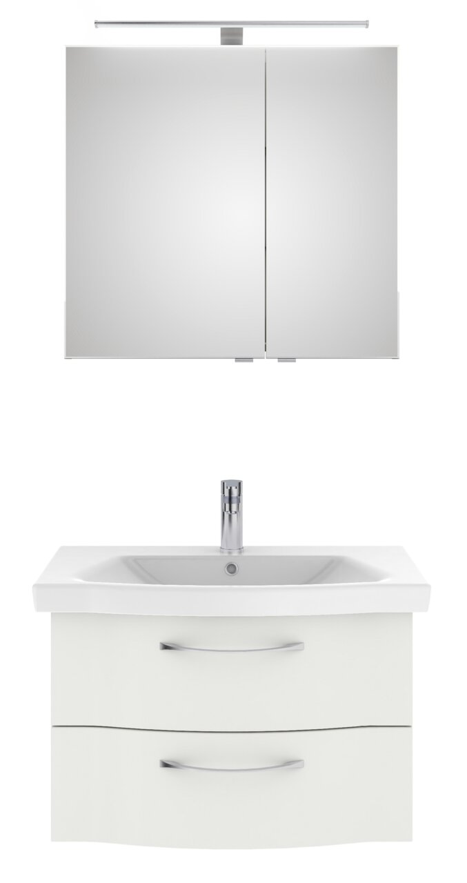 Pelipal Badblock SERIE 6005 SPRINT Frontale Ansicht eines modernen Badblocks mit Spiegelschrank und Waschbeckenunterschrank in Weiß, ausgestattet mit zwei Schubladen und einem Wasserhahn.