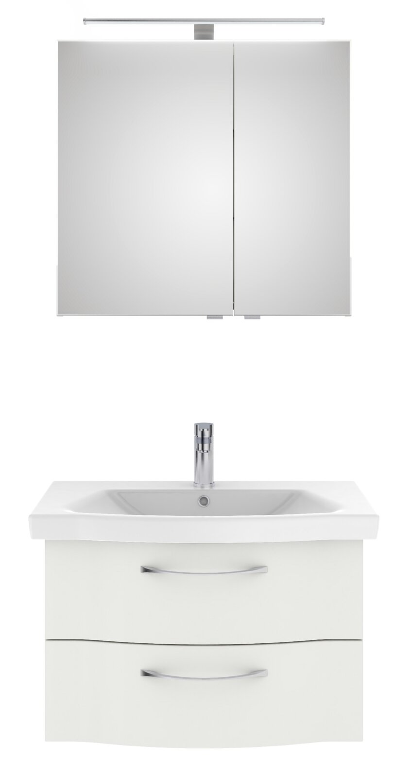 Pelipal Badblock SERIE 6005 SPRINT Frontale Ansicht eines modernen Badblocks mit Spiegelschrank und Waschbeckenunterschrank in Weiß, ausgestattet mit zwei Schubladen und einem Wasserhahn.
