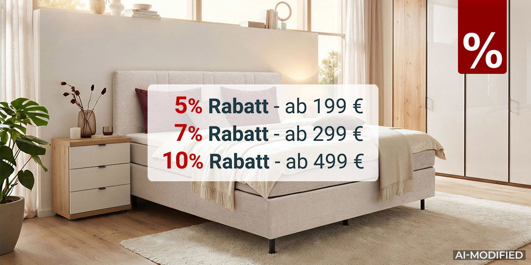 Modernes Schlafzimmer mit Online-Rabattaktion: bis zu 10 % Rabatt ab 199 € mit dem Code BESTDEAL.