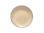 Runde, beige Keramikplatte mit spiralförmigem Muster, von oben betrachtet.