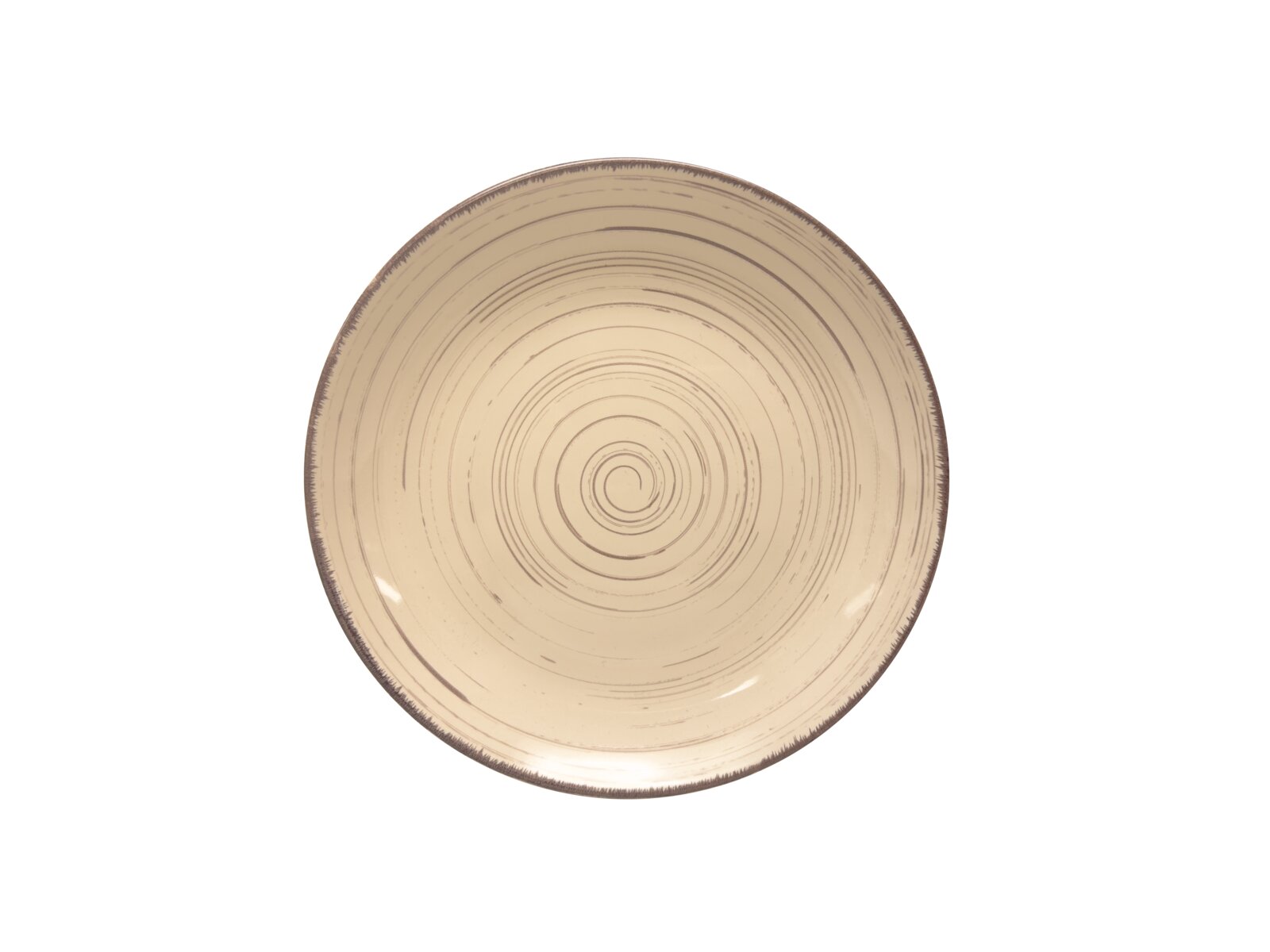 Runde, beige Keramikplatte mit spiralförmigem Muster, von oben betrachtet.