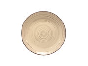 Runde, beige Keramikplatte mit spiralförmigem Muster, von oben betrachtet.