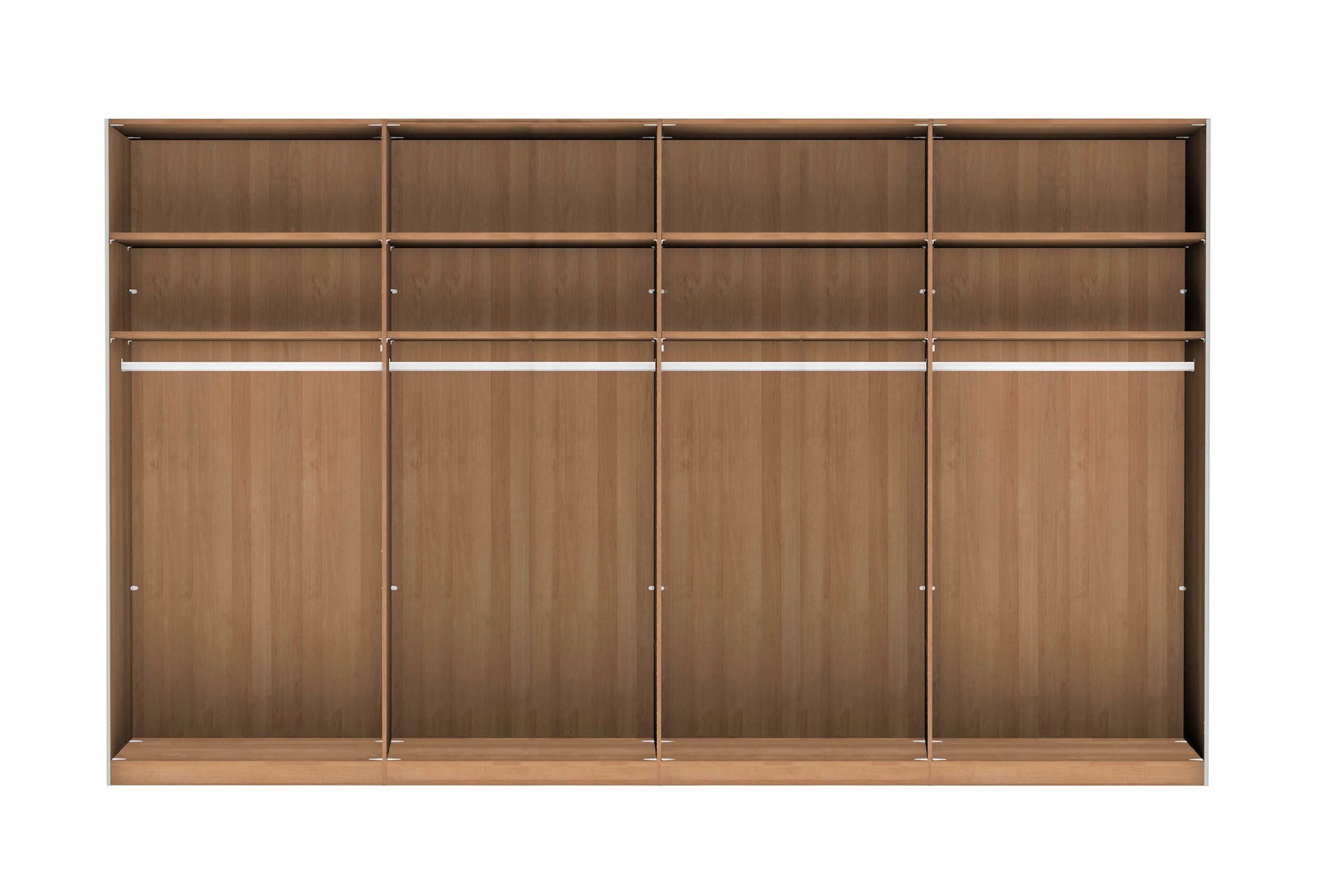 Vierschichtiger Schwebetürenschrank aus Holz mit offener Frontansicht, zeigt mehrere Regalfächer und Kleiderstangen.