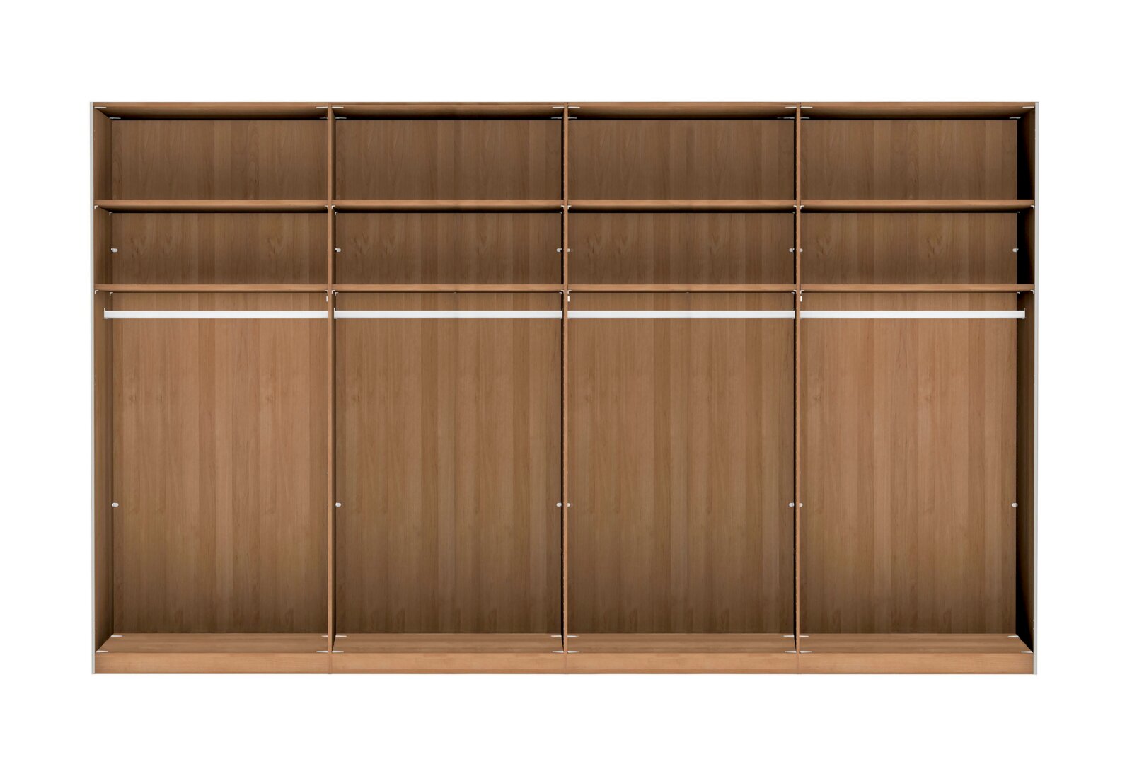 Vierschichtiger Schwebetürenschrank aus Holz mit offener Frontansicht, zeigt mehrere Regalfächer und Kleiderstangen.