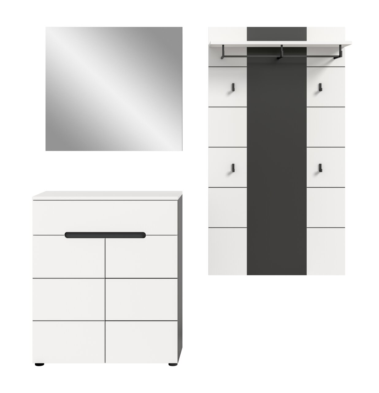 Modernes weißes Garderoben-Set mit Spiegel, Schuhschrank und Wandgarderobe mit schwarzer Mittelblende und Haken, frontale Ansicht