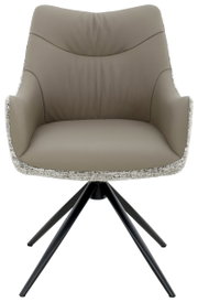 Moderne fauteuil in vooraanzicht met gestoffeerde zitting en zwart metalen frame.