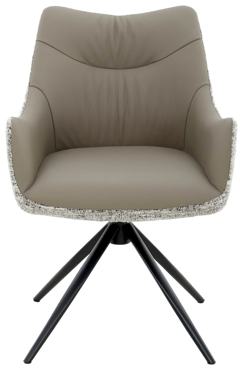 Moderne fauteuil in vooraanzicht met gestoffeerde zitting en zwart metalen frame.
