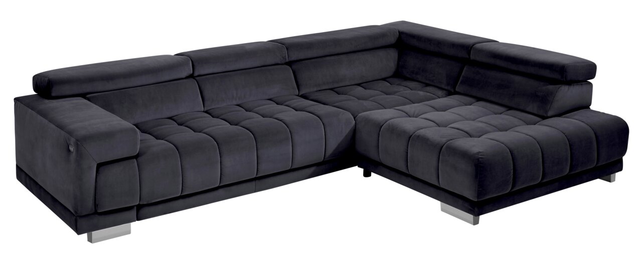 Beldomo Speed Ecksofa SPLIFF S Dunkelgraue Polsterrundecke in L-Form, perspektivisch von vorne links fotografiert.