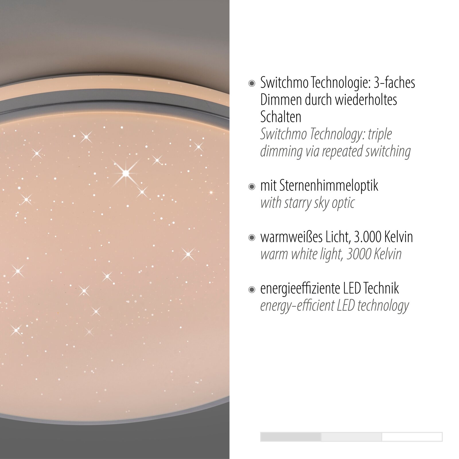 Runde LED-Deckenleuchte mit Sternenhimmel-Optik und warmweißem Licht (3000 K), 3-stufig dimmbar per Schalter, energieeffiziente LED-Technik, Ansicht von unten in Nahaufnahme.