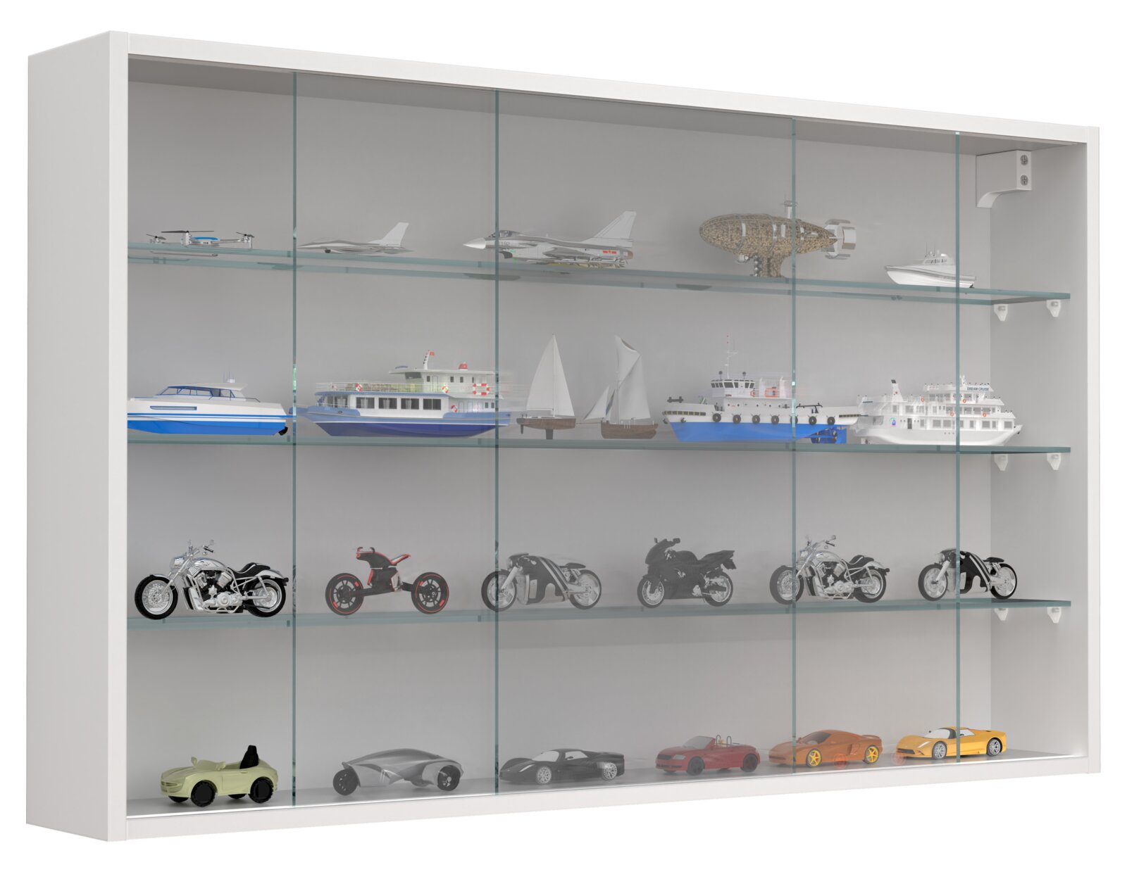 Weiße Wandvitrine mit transparenten Glas-Schiebetüren und mehreren Glasböden zur Präsentation von Modellfahrzeugen und -schiffen, Frontansicht in leichter Perspektive von links