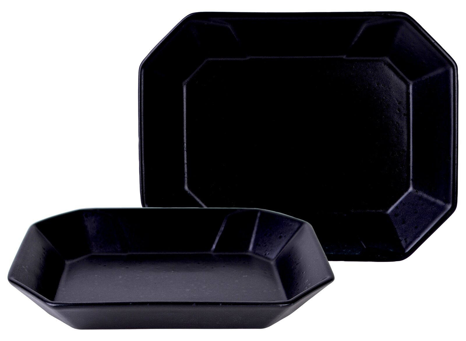 Creatable Box 2-tlg STREET FOOD Zwei schwarze, achteckige Servierplatten/Schalen aus Keramik im Studio vor weißem Hintergrund, eine flach von oben und eine leicht schräg von vorn (Draufsicht und Frontansicht)