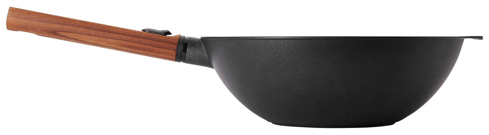 Woll Guss-Wok ECO LOGIC QXR Seitenansicht eines Guss-Woks mit Holzgriff, 28 cm Durchmesser