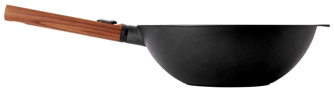 Seitenansicht eines Guss-Woks mit Holzgriff, 28 cm Durchmesser