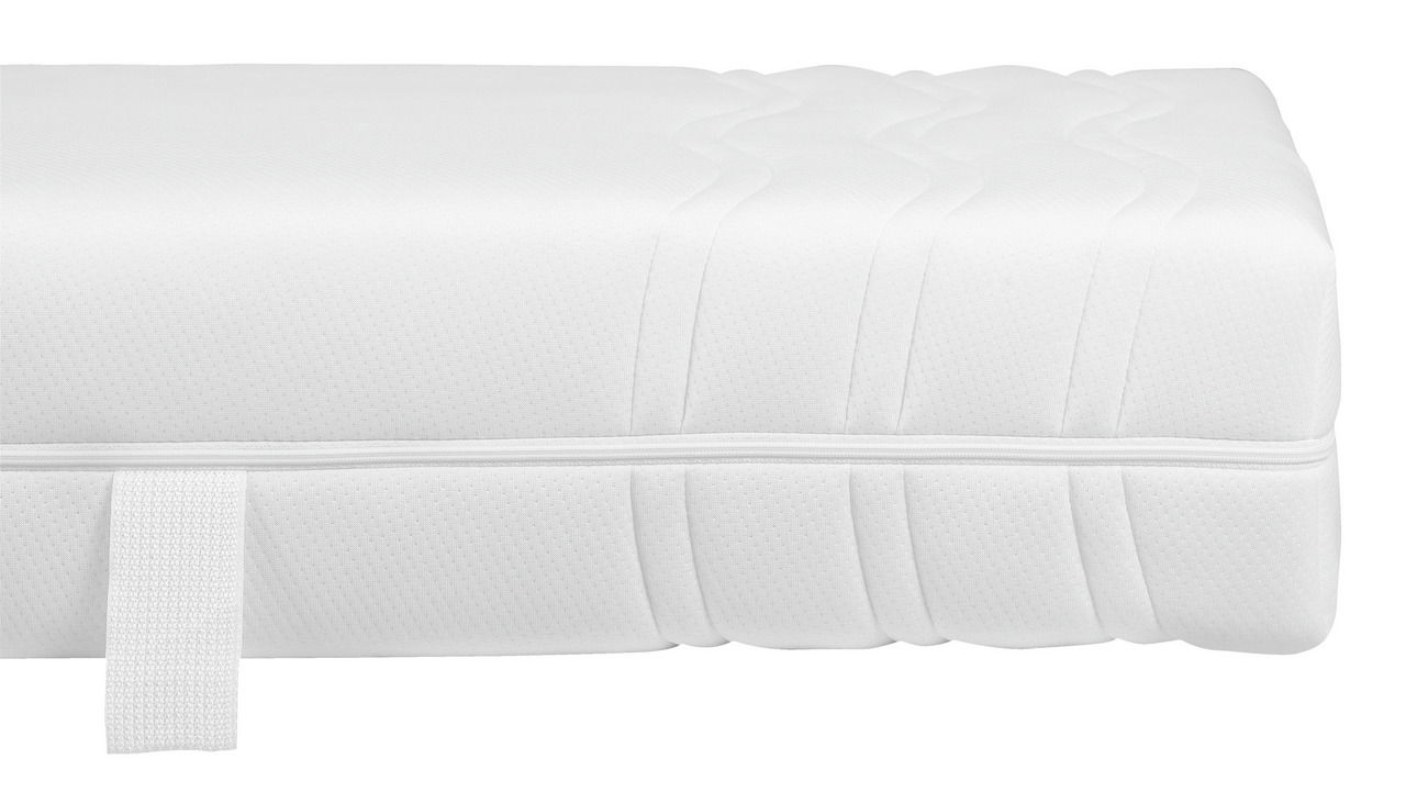 Seitenansicht einer weißen Komfortschaummatratze H2 mit gestepptem Bezug und Tragegriff.