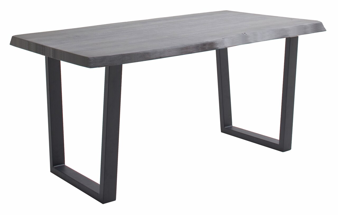 Moderner Esstisch mit rechteckiger Holzplatte und schwarzen Metallbeinen, seitliche Perspektive