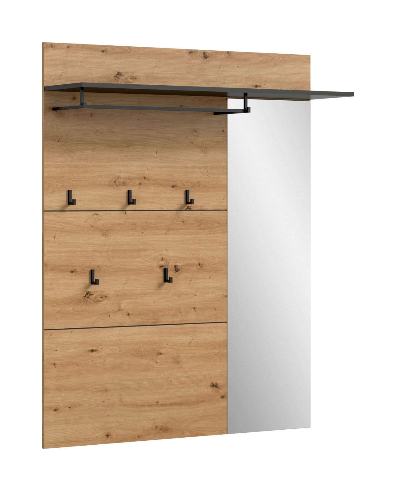 MID.YOU Garderobenpaneel CANU Moderne Wandgarderobe mit Holzpaneel in Eiche-Optik, schwarzer Hutablage und Kleiderstange, mehreren schwarzen Haken sowie seitlichem Spiegel, freigestellt auf weißem Hintergrund, in frontaler leicht schräger Perspektive von links