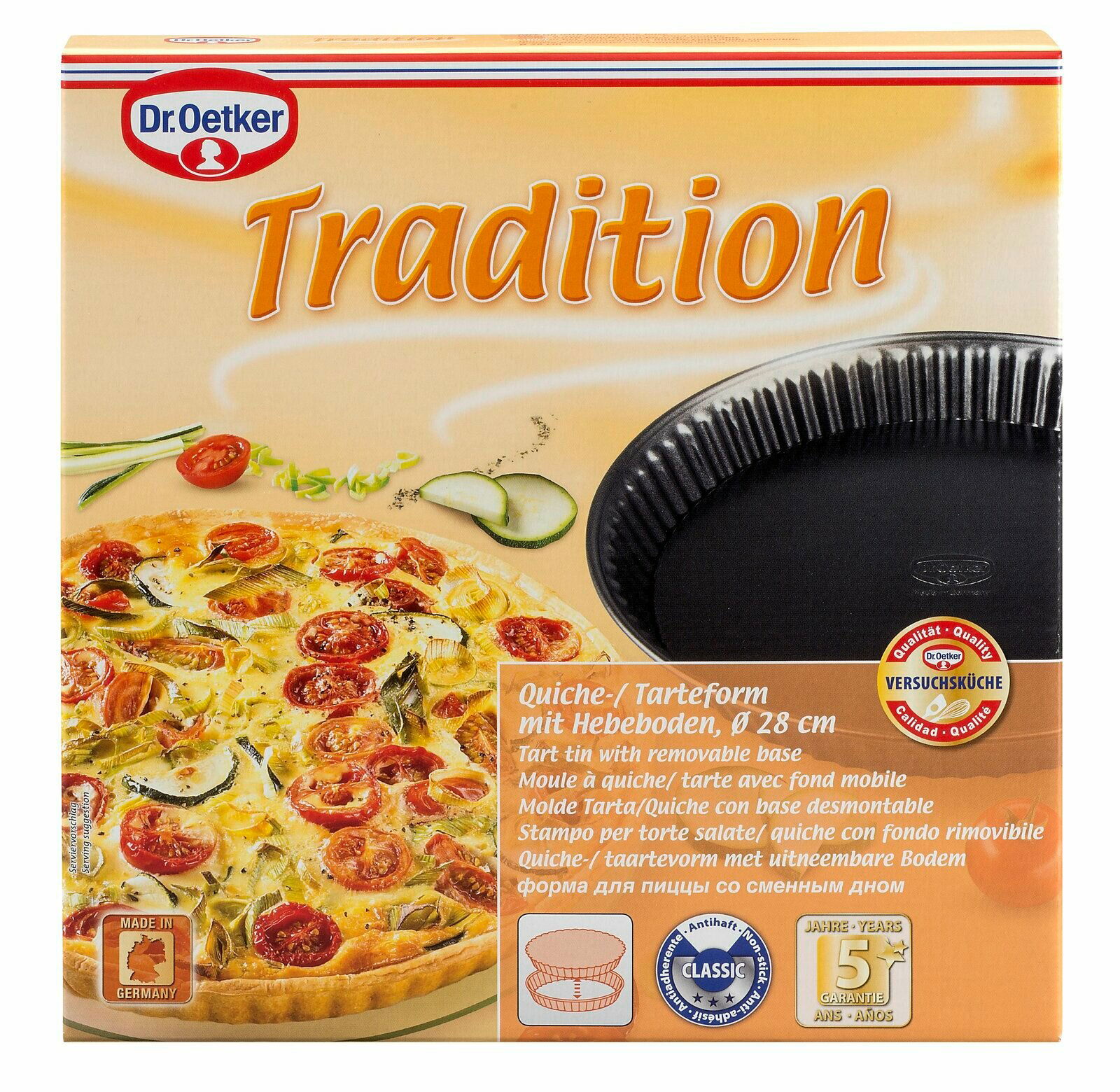 Dr. Oetker Quiche- / Tarteform mit Hebeboden TRADITION Quicheform 28cm Tradition mit Hebeboden, Vorderansicht der Verpackung mit Abbildung einer Quiche und der Form.
