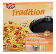 Quicheform 28cm Tradition mit Hebeboden, Vorderansicht der Verpackung mit Abbildung einer Quiche und der Form.