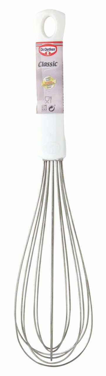 Schneebesen 30cm Classic von Dr. Oetker, Vorderansicht, mit weißem Griff und Edelstahl-Drähten.