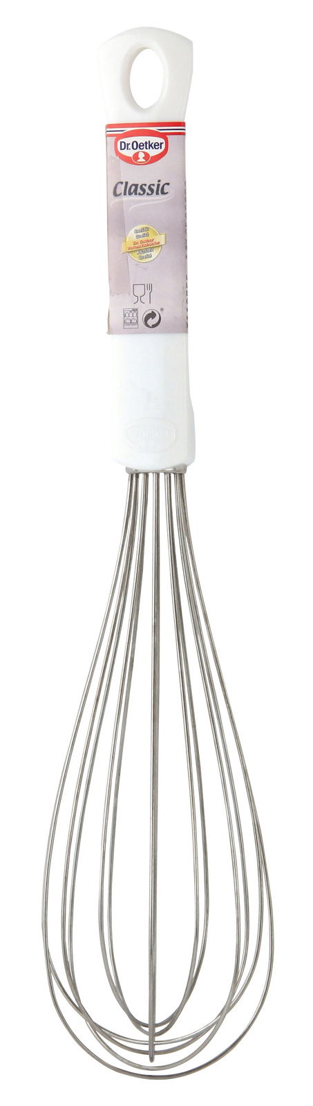 Schneebesen 30cm Classic von Dr. Oetker, Vorderansicht, mit weißem Griff und Edelstahl-Drähten.