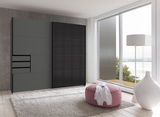 Moderner Schwebetürenschrank mit zwei Türen in einem stilvollen Raum mit Blick auf eine Terrasse. Perspektive von vorne links.