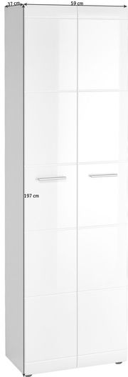 Weißer Garderobenschrank mit zwei Türen, seitliche Perspektive, Maße 197 cm hoch, 59 cm breit, 37 cm tief