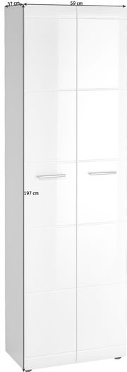 Weißer Garderobenschrank mit zwei Türen, seitliche Perspektive, Maße 197 cm hoch, 59 cm breit, 37 cm tief