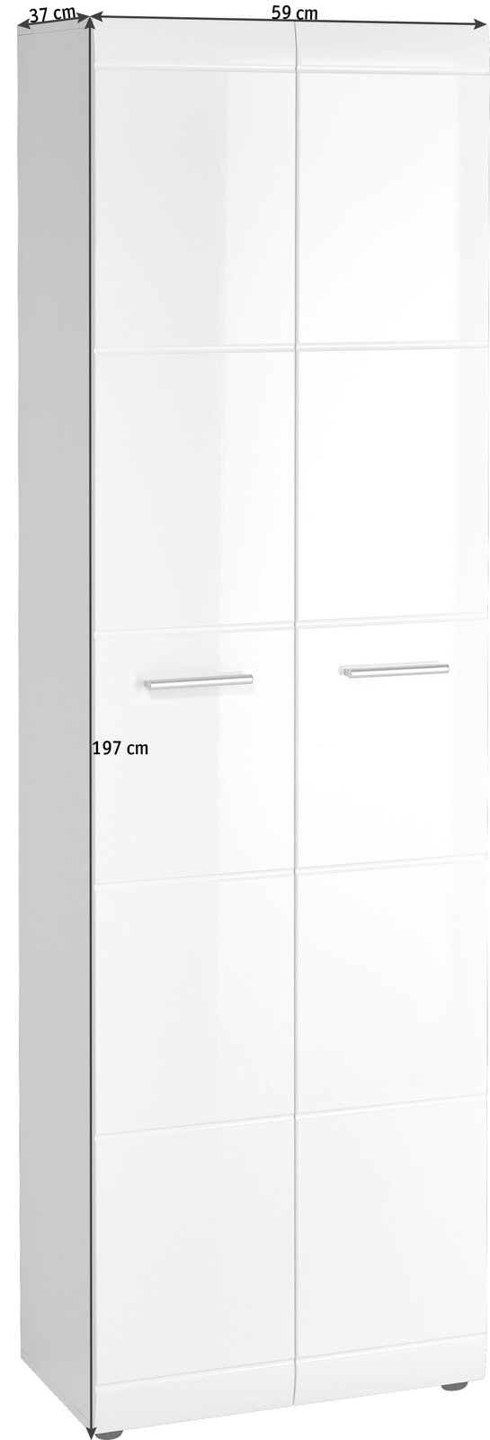 Weißer Garderobenschrank mit zwei Türen, seitliche Perspektive, Maße 197 cm hoch, 59 cm breit, 37 cm tief