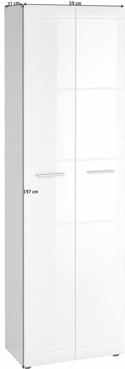 Weißer Garderobenschrank mit zwei Türen, seitliche Perspektive, Maße 197 cm hoch, 59 cm breit, 37 cm tief