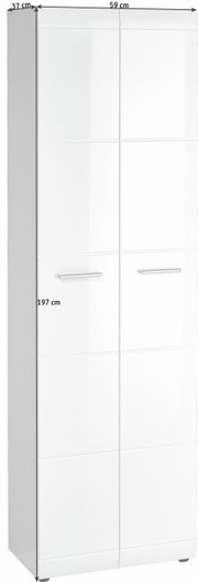 Weißer Garderobenschrank mit zwei Türen, seitliche Perspektive, Maße 197 cm hoch, 59 cm breit, 37 cm tief