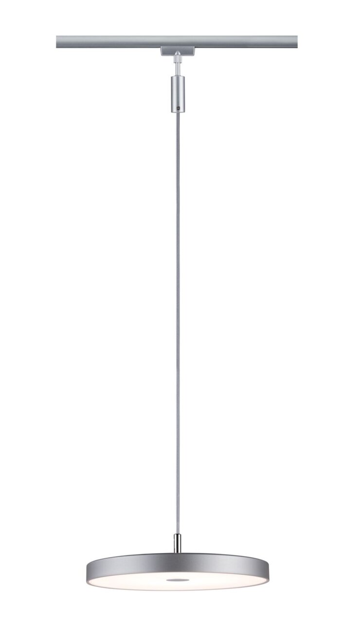 PAULMANN Schienenpendel Hildor URAIL Schienenpendel Hildor in silberner Farbe, von vorne betrachtet, mit rundem, flachem Lampenschirm und verstellbarem Kabel.