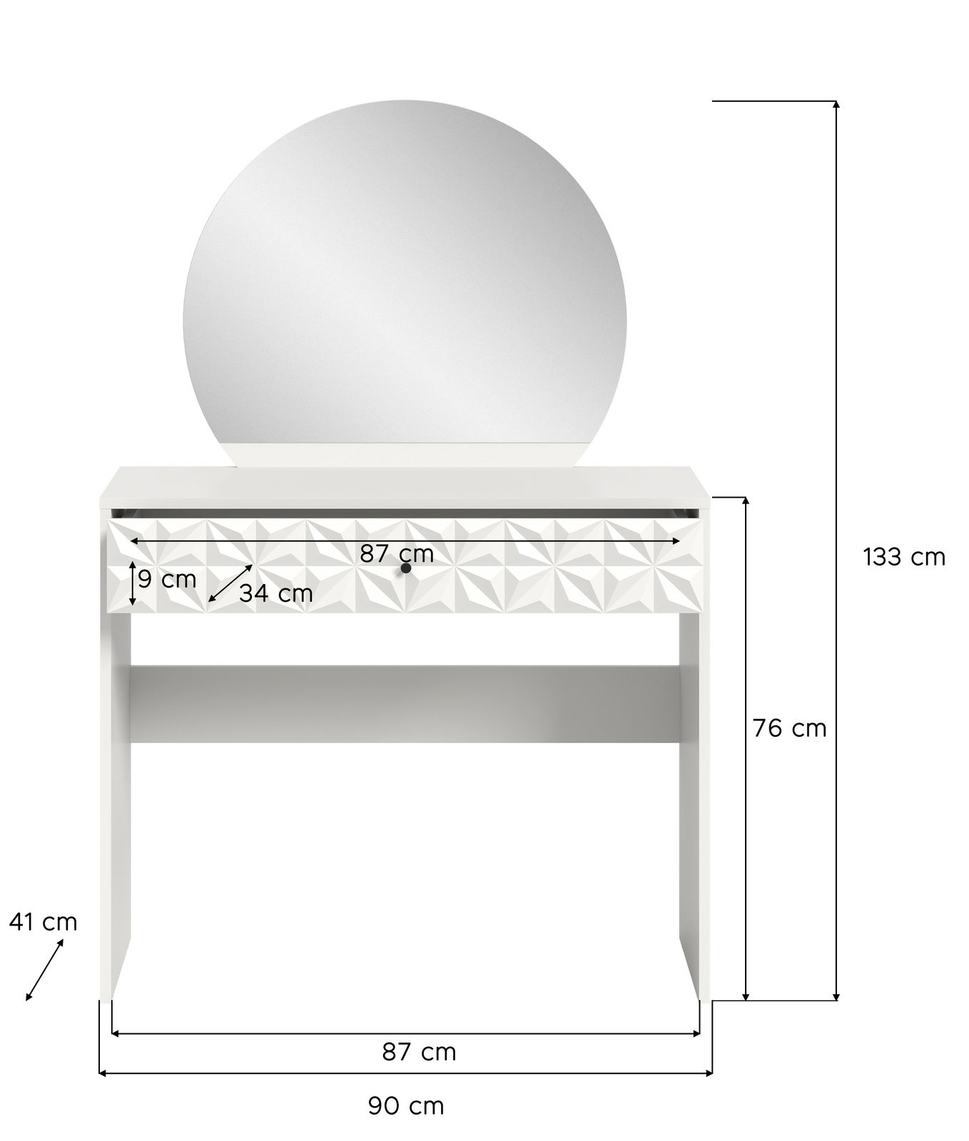 Weißer Schminktisch mit rundem Spiegel, geometrischem Muster auf der Schublade, frontal abgebildet.