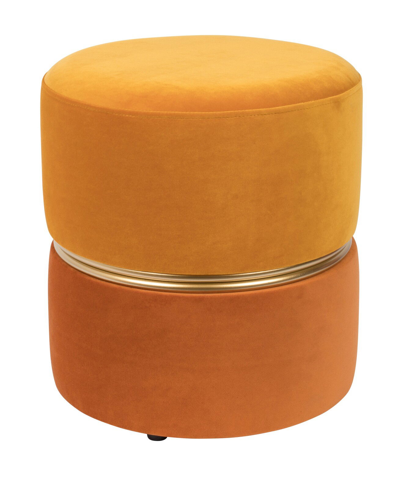 Runder, zweifarbiger Hocker in Gelb und Orange mit goldener Zierleiste, seitliche Perspektive