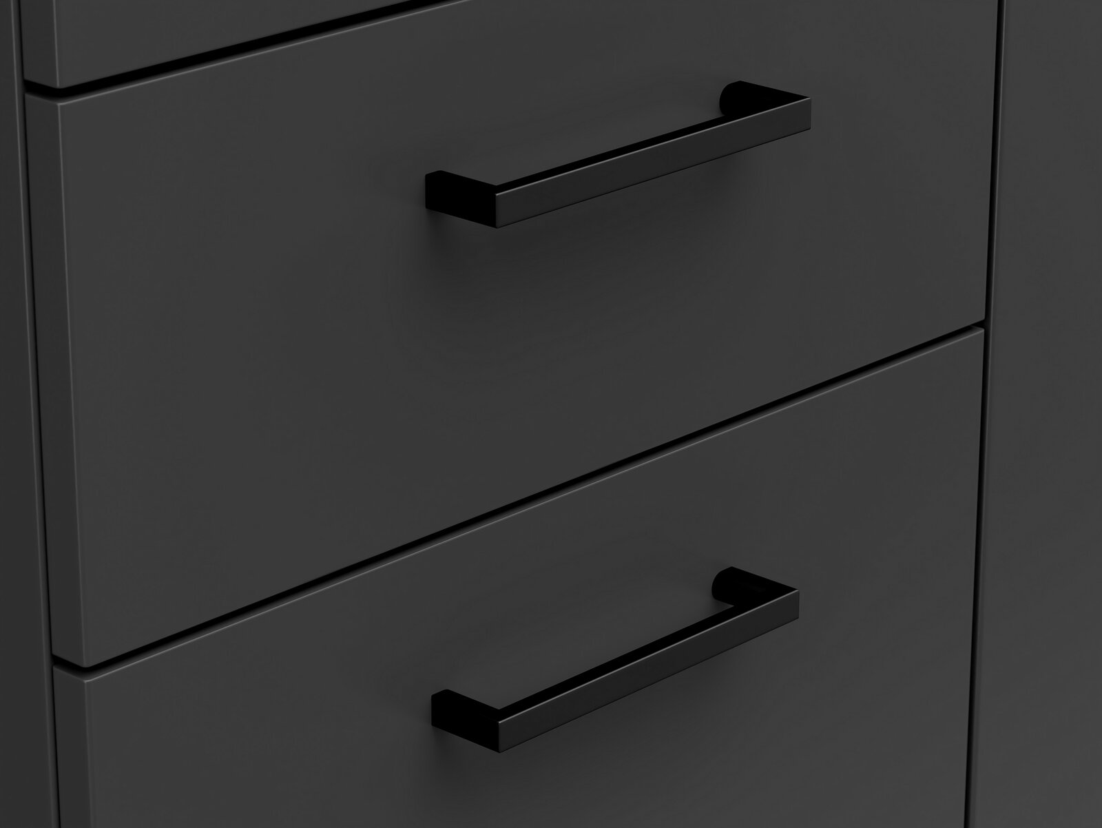 Nahaufnahme einer schwarzen Kommode mit modernen, rechteckigen Griffen, seitliche Perspektive
