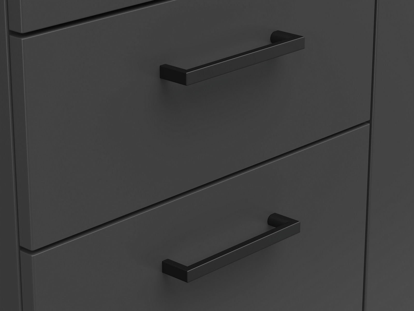 Nahaufnahme einer schwarzen Kommode mit modernen, rechteckigen Griffen, seitliche Perspektive