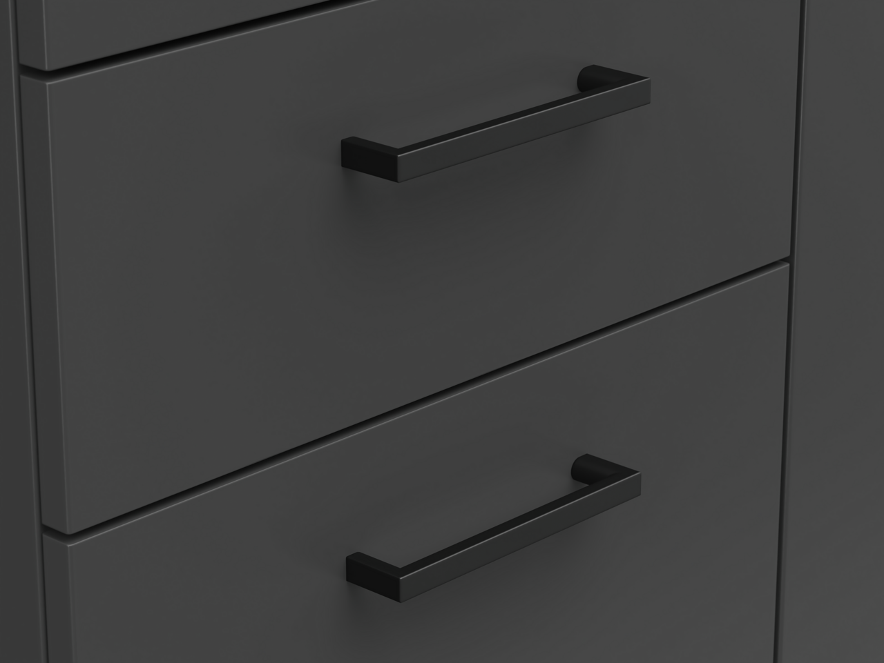 Nahaufnahme einer schwarzen Kommode mit modernen, rechteckigen Griffen, seitliche Perspektive