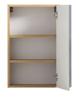 Hängeschrank mit offener Tür, zwei Regalböden und Holzrahmen, Frontalansicht