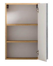Hängeschrank mit offener Tür, zwei Regalböden und Holzrahmen, Frontalansicht