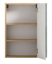 Hängeschrank mit offener Tür, zwei Regalböden und Holzrahmen, Frontalansicht