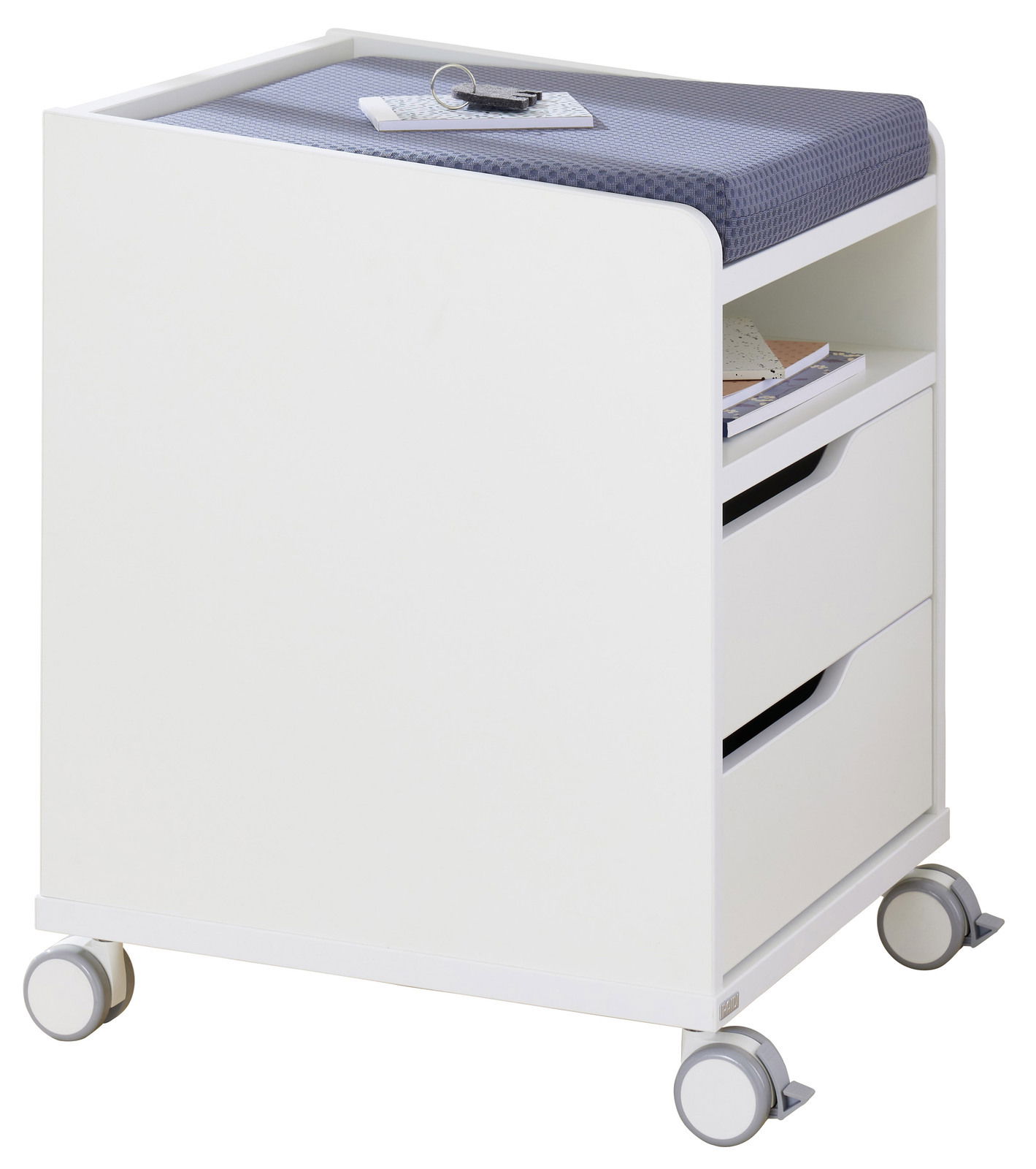 Weißer Rollcontainer mit zwei Schubladen und einer Ablage, auf Rollen, seitliche Perspektive