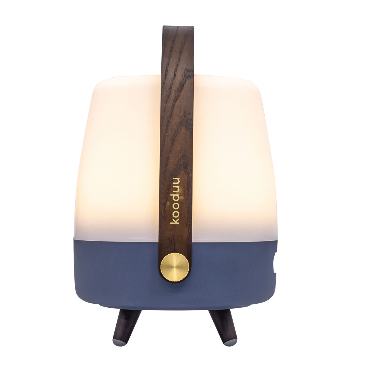 Frontansicht einer tragbaren Lampe mit Holzgriff und modernem Design, ideal für stimmungsvolle Beleuchtung.